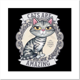 Cute Gray Tabby Kitty Cat on Design with Silver Cats are Amazing Posters and Art